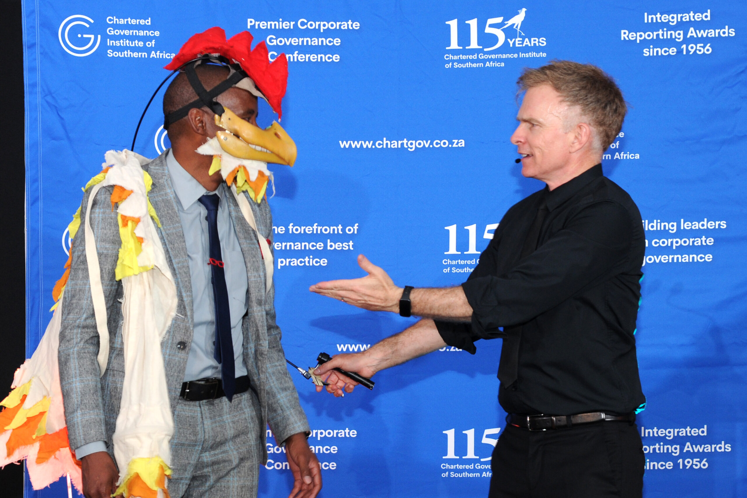 The ultimate audience engagement, Kamogelo Chiloane joins Conrad Koch on stage as his final puppet.