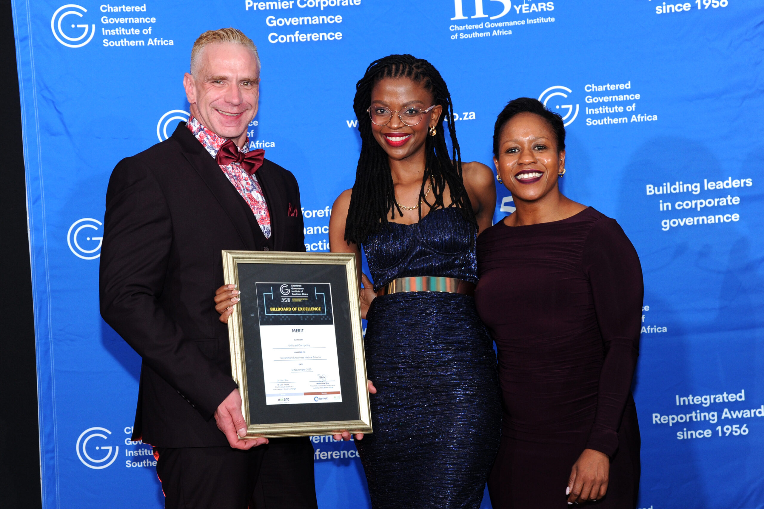 GEMS recognised with the unlisted merit award: 
Government Employees Medical Scheme representatives Gareth McKinnell and Lerato Mokweto with Ntebaleng Molewa (Exxaro Resources)
